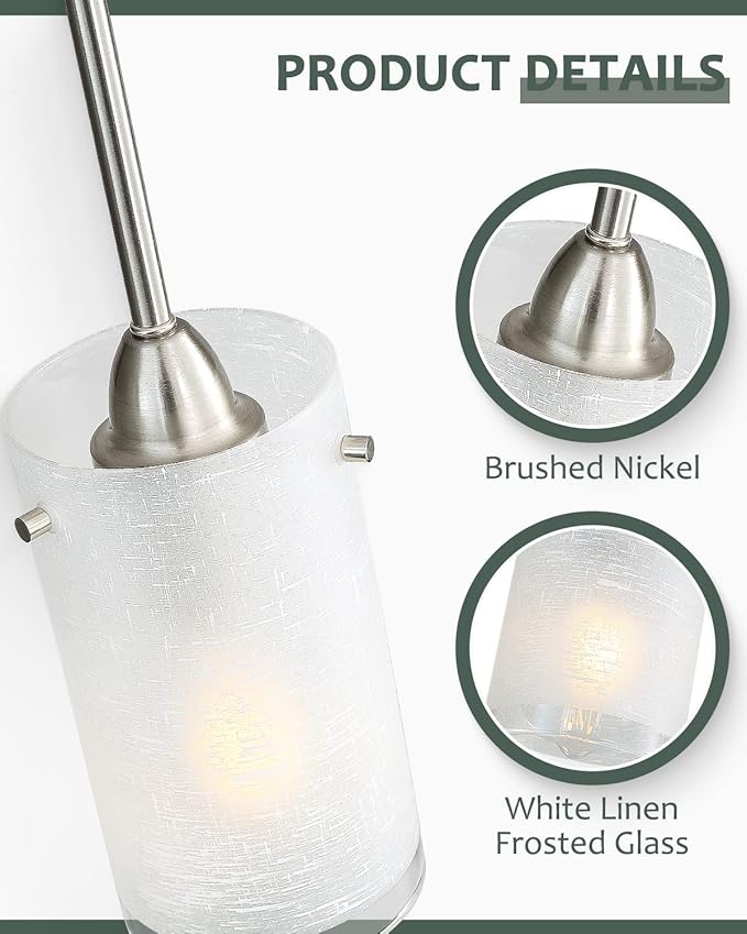 1-Light Mini Pendant Light Fixtures, Modern Chandelier Hanging Ceiling Light with White Frosted Shade, Brushed Nickel Pendant Lighting for Kitchen Bedroom Hallway, Adjustable Height, 3 Pack