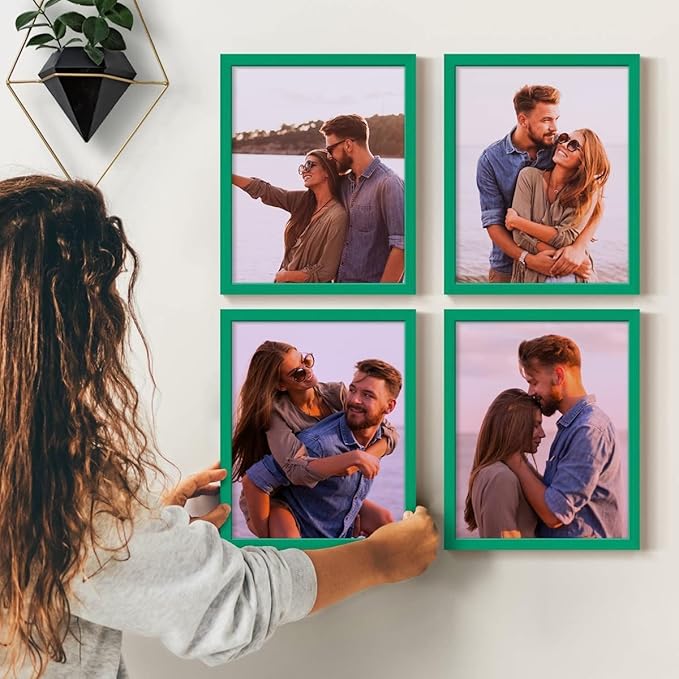 Renditions Gallery Set of 4, 11X14 Custom Photo Prints with Real Wood Picture Frames. Create Personalized Photos with Peel & Stick Photo Frames. Green Frame
