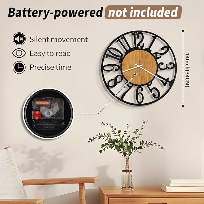 Maxstar Wall Clock Battery Operated,Silent Non-Ticking Modern Rustic Metal Round Clocks Small for Living Room/Bedroom/Office/Kitchen/Farmhouse Home Decor-14 Inch(Yellow-Wood)