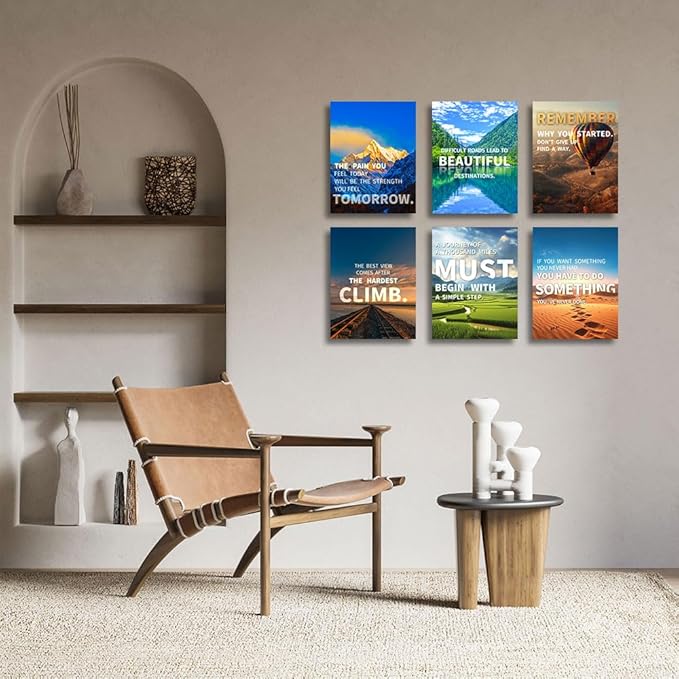 Inspirational Quotes Wall Art, Motivational Decoration Painting, Landscape Canvas Suitable for Library, Office, Living Room, Home Deco, Tabletop/Hanging | 6-Pack (29 x 38 cm) Framed