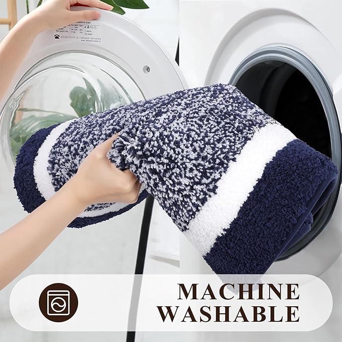 Pauwer Bathroom Rugs Set 5 Piece, Plush Absorbent Microfiber Bath Mats for Bathroom, Non Slip Washable Bath Rug Set with U Shaped Contour Toilet Rugs, Shower Rug and Toilet Lid Cover, Navy Blue