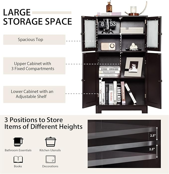 GOFLAME Bathroom Storage Cabinet, Freestanding Storage Cabinet with 4 Doors, Wooden Kitchen Cupboard with Adjustable Shelf, Buffet Sideboard, Multipurpose Home Organizer for Bathroom, Kitchen, Brown
