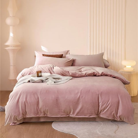 Luxlovery Pink Velvet Comforter Set - Queen Size Flannel Plush Bedding - Modern Winter Thick Warm Solid Dusty Pink Quilts Blanket