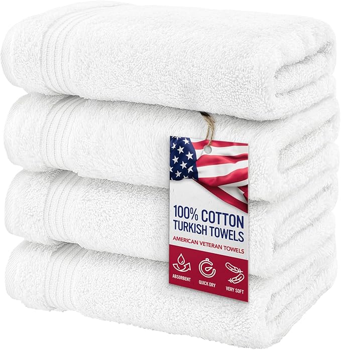 American Veteran Towel, Hand Towels for Bathroom Set of 4, 100% Cotton Turkish Hand Towel Sets Clearance Prime, Soft Drying Hand Face Towels, White Hand Towels