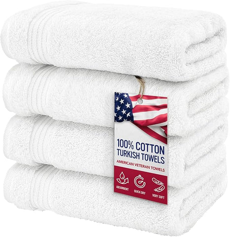 American Veteran Towel, Hand Towels for Bathroom Set of 4, 100% Cotton Turkish Hand Towel Sets Clearance Prime, Soft Drying Hand Face Towels, White Hand Towels