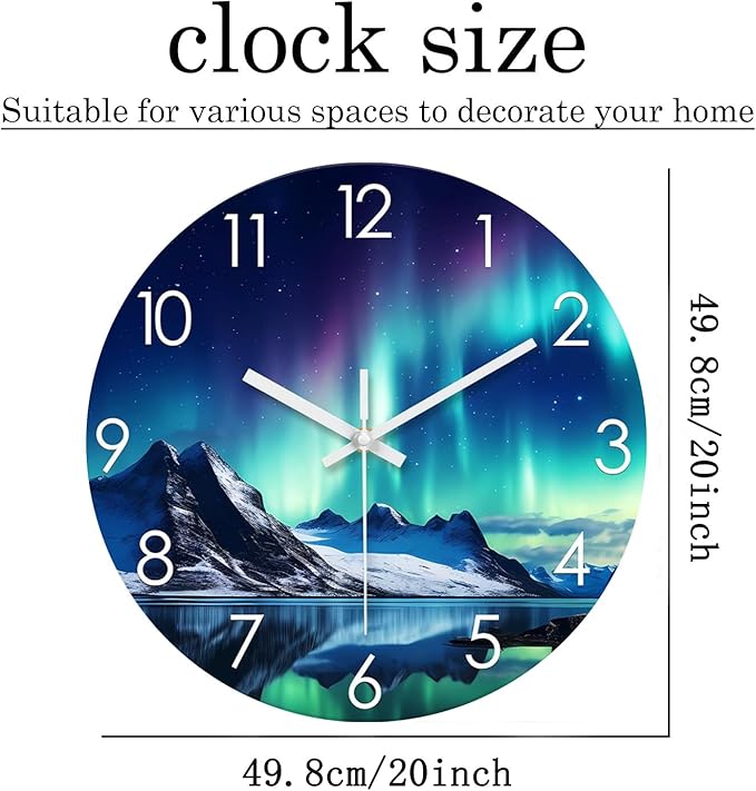 XNM Teal Glass Large Wall Clocks Battery Operated 20 Inch Aurora Wall Clocks for Living Room Decor Glacier Round Clock Silent