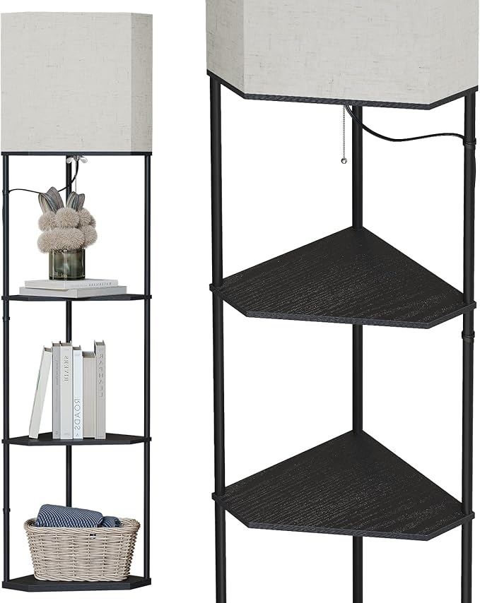 SUNMORY Sector Corner Shelf Lamp 3 Color Temperatures LED Bulb,Corner Lamps with Linen Lampshade, Floor Lamps for Living Room, Bedroom, Study, Black Standing Lamp with Shelves