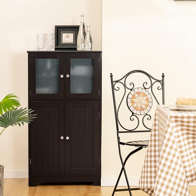 GOFLAME Bathroom Storage Cabinet, Freestanding Storage Cabinet with 4 Doors, Wooden Kitchen Cupboard with Adjustable Shelf, Buffet Sideboard, Multipurpose Home Organizer for Bathroom, Kitchen, Brown