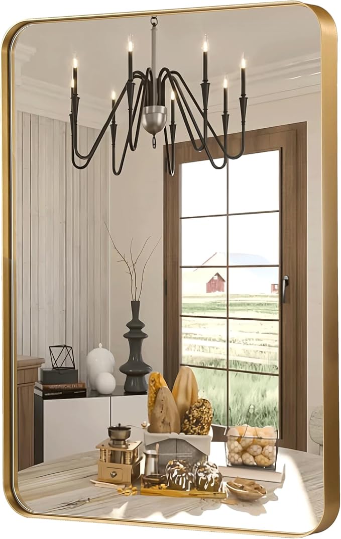 24x36 Inch Rectangle Bathroom Mirror, Brushed Gold Vanity Mirrors for Wall, Metal Frame Wall Mirror, Mirror with Round Corner for Bedrooms, Entryways, Living Rooms, Horizontal/Vertical