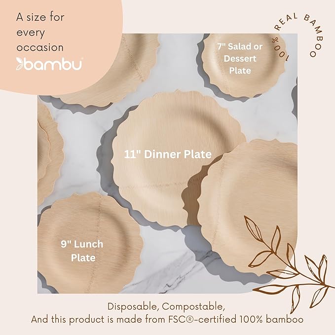 Bambu Pack of 8 - 11 Inch Disposable Bamboo Plates Fancy, Biodegradable Eco Friendly Products, Bamboo Disposable Plates for Events, Compostable Plates