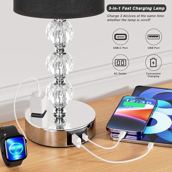 Black Touch Bedside Lamps for Bedrooms - Crystal Table Lamp with USB C+A Charging Port and AC Outlet Nightstand, 3 Way Dimmable Silver Small End Side Table Lamp for Living/Guest/Dinning Room/Kitchen