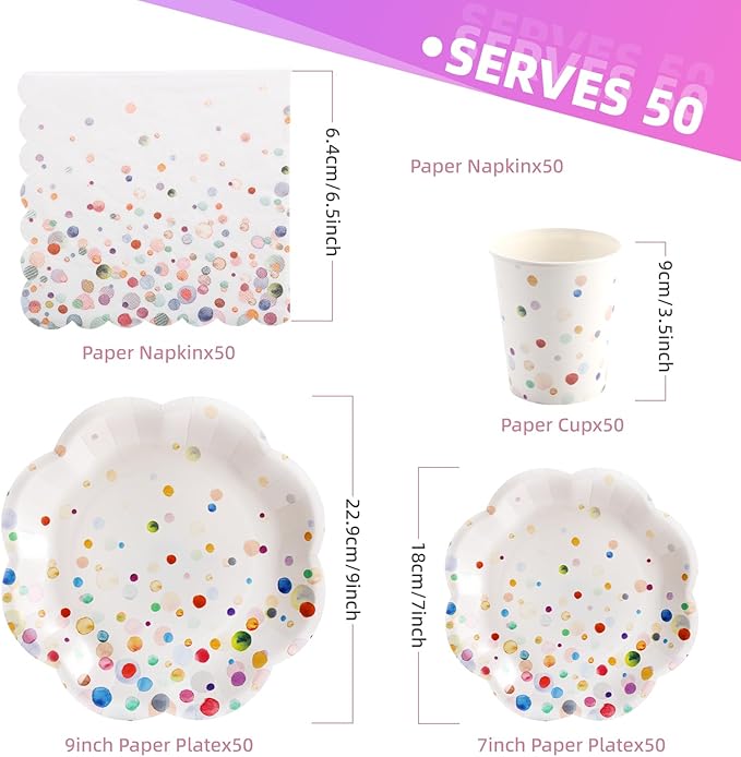 200PCS Confetti Plates Disposable Tableware Set - 50 Large & Small Colorful Polka Dot Plates, 50 Paper Cups, 50 Napkins - Perfect for Birthday Parties