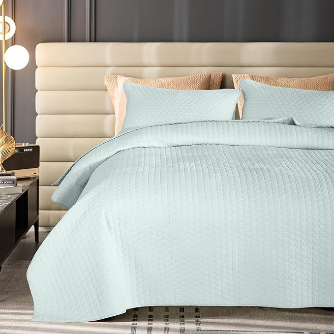Velvet Quilt Queen Size, Luxurious Quilted Bedspread Bedding Set, Ultra Soft Cozy Coverlet with Brushed Back, Lightweight Reversible Comforter for All Season, Pale Blue