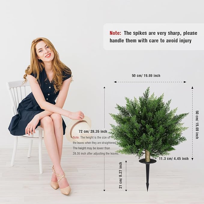 19.69 Inch 2 Set Artificial Cypress Topiary Tree, Outdoor Indoor Faux Boxwood Bush Plants, Fake Cedar Potted with Ground Spike for Home Front Porch Decor Outside Garden