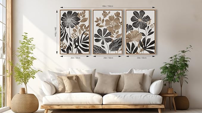 Large Framed Canvas Wall Art - Natural Float Framed Rustic Black Flowers Leaves Pictures Decor Brown Floral Foliage Artwork for Bedroom Living Room Kitchen Home Office Decoration 60" X 28" Set of 3