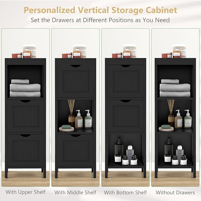 Tangkula Small Bathroom Storage Cabinet with 2 Removable Drawers, Wood Freestanding Floor Cabinet for Bathroom, Anti-Tipping Device, Side Corner Cabinet for Small Spaces (Black)