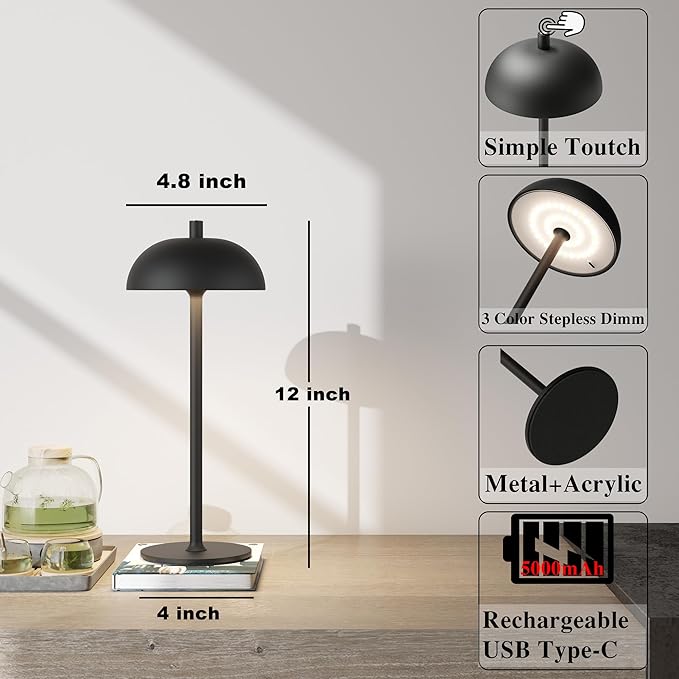 2 Pack Rechargeable Cordless Table Lamp - 5000mAh Battery Powered Lamp, 3 Color Stepless Dimming Portable LED Table Light for Restaurant, Patio, Home, Dinner.(Black)