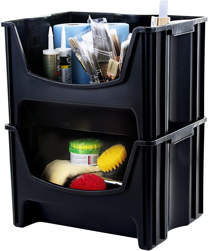 Mighty Tuff Jumbo Stackable Storage Bins, Pack of 3, Easy-Access Storage, Large Easy-To-Grip Handles, Wide Front Opening, Interlocking, Stack Vertically, Black