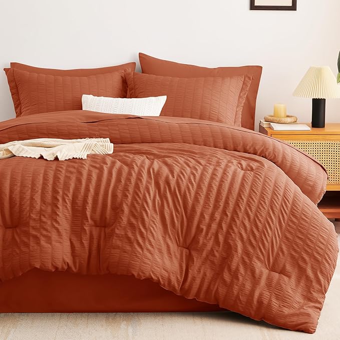 CozyLux Queen Comforter Set Burnt Orange Seersucker 7 Pieces Bed in a Bag Queen Comforter Set with Sheets Terracotta Luxury Bedding Set with Down Alternative Comforter, Sheets, Pillowcases & Shams