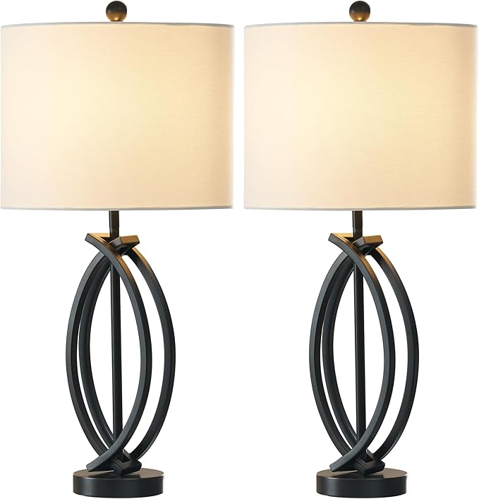 26" Industrial Table Lamps Set of 2, 3-Way Dimmable Farmhouse Nightstand Lamps Black Metal Bedside Lamps with White Shade for Living Room Bedroom, End Table Desk Lamp for Home Office