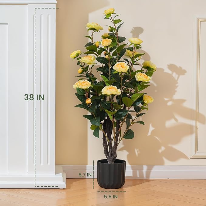 3.2FT Artificial Camellia Trees, Yellow Silk Flowers, Indoor Faux Plants with Realistic Trunk in Black Cement Pot for Home House Living Room Bedroom Office Decor, 2pcs