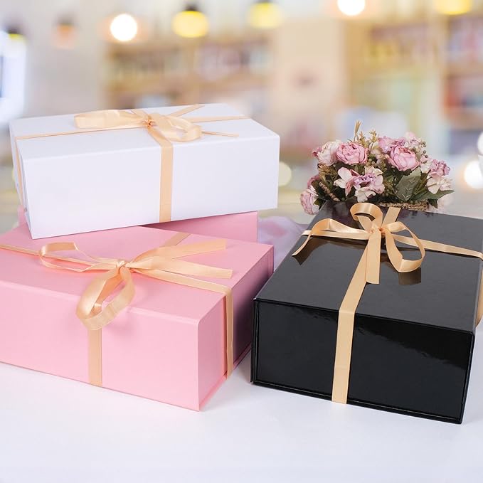RayofSun White Gift Box,13.8" x 9" x 4.3" Large Groomsmen Proposal Box with Magnetic Closure Lid and Ribbon for Anniversary Wedding Birthday Graduation Festivals (3 Pack)