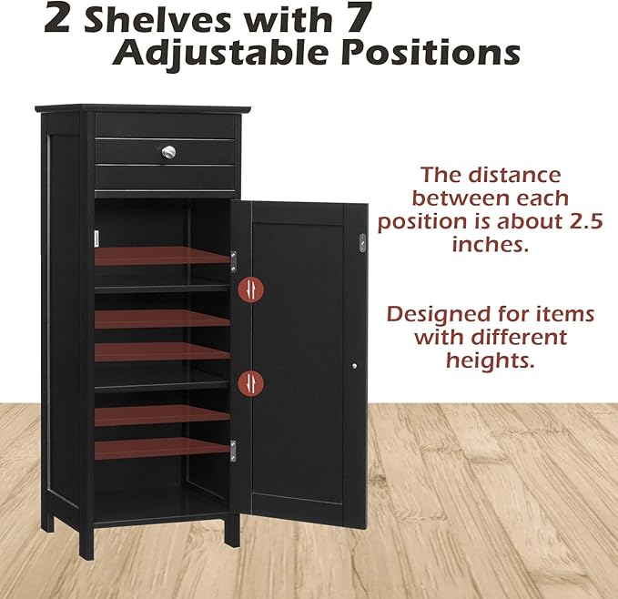 GLACER Floor Storage Cabinet, Multifunctional Bathroom Storage Cabinet with 2 Adjustable Shelves, Ideal for Bathroom, Living Room, 14 x 12 x 34.5 inches (Black)