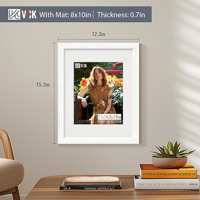 VCK 11x14 White Picture Frames with Mat, 8x10 Matted to 11x14 Wood Photo Frame with Real Glass, 2 Pack for Wall Mount, Horizontal & Vertical