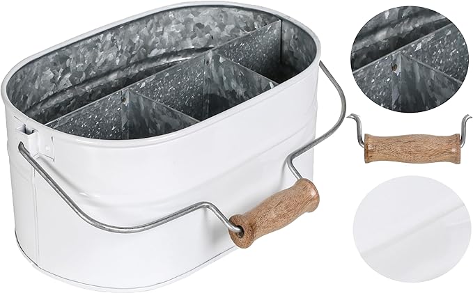 Alpha Living Home Rustic Galvanized Heavy Duty Metal Utensil Caddy – 4-Compartment Organizer with Removable Handle, White Farmhouse Chic Design for Kitchen, Picnics & Parties (White)