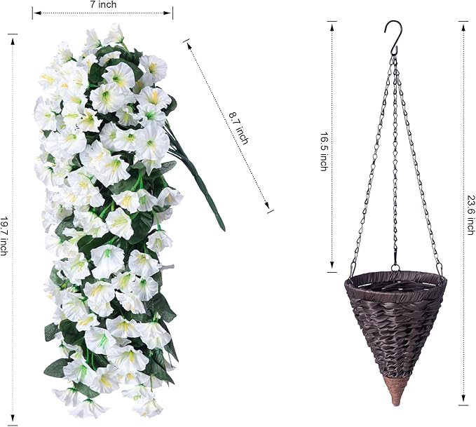 Artificial Fake Flowers Plants Hanging Baskets for Outdoor Outside Fall Decor, Faux Silk Hanging White Morning Glory Trailing Vines UV Resistant Look Real for Porch Patio Home Decoration