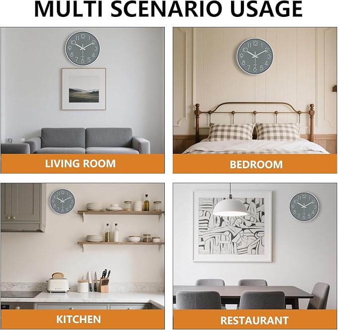 Modern Silent Wall Clock - 12 Inch Wall Clocks Battery Operated Large Number, Non-Ticking Analog Clock with Tempered Glass Quartz Clocks for Living Room Bedroom Office Kitchen, Grey