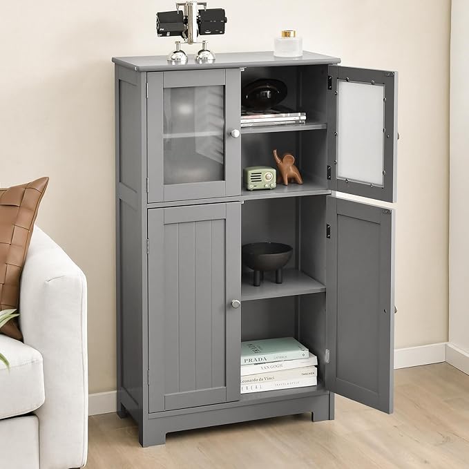 GOFLAME Bathroom Storage Cabinet, Freestanding Storage Cabinet with 4 Doors, Wooden Kitchen Cupboard with Adjustable Shelf, Buffet Sideboard, Multipurpose Home Organizer for Bathroom, Kitchen, Grey
