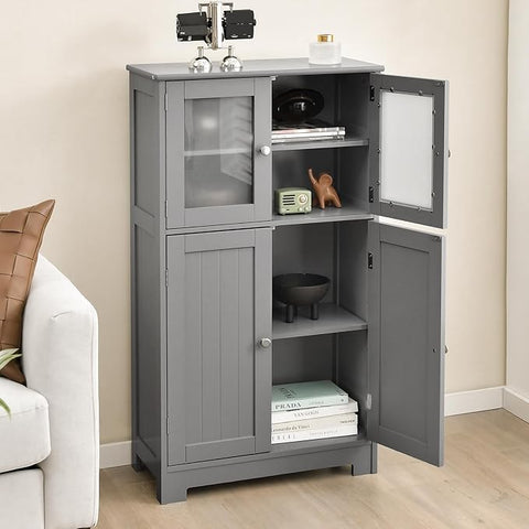 GOFLAME Bathroom Storage Cabinet, Freestanding Storage Cabinet with 4 Doors, Wooden Kitchen Cupboard with Adjustable Shelf, Buffet Sideboard, Multipurpose Home Organizer for Bathroom, Kitchen, Grey