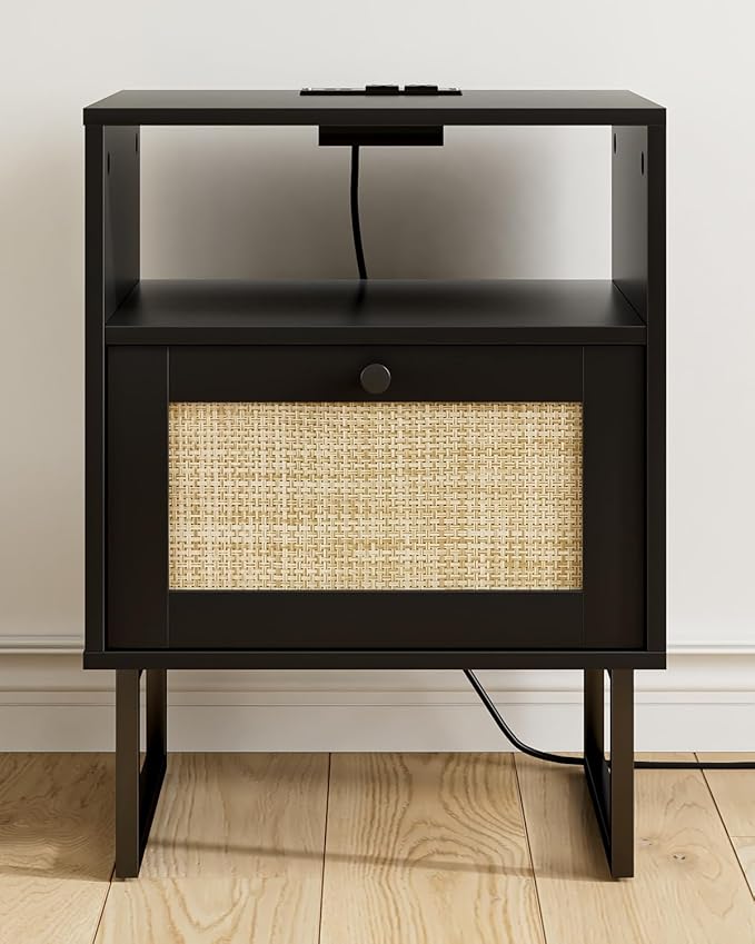 Rattan Nightstand with Charging Station, Boho Night Stand Farmhouse Wood Bedside Table with Storage and Open Shelf, End Side Accent Table for Bedroom,Living Room,Black