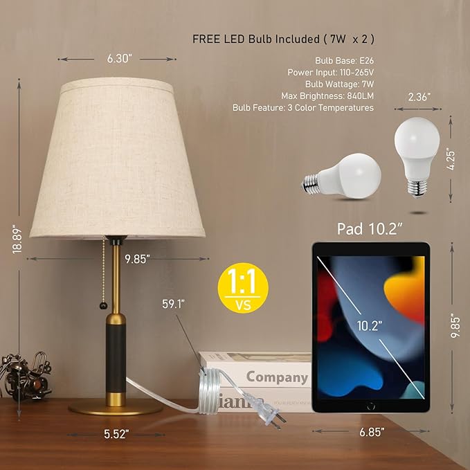 18.9" Bedside Lamps Set of 2 Small Vintage Table Lamp for Bedroom Nightstand Lamp for Living Room 3-Color Temperatures Pull Chain Wood Fabric for Home Office Dorm Decor (Light Brown+Brass)