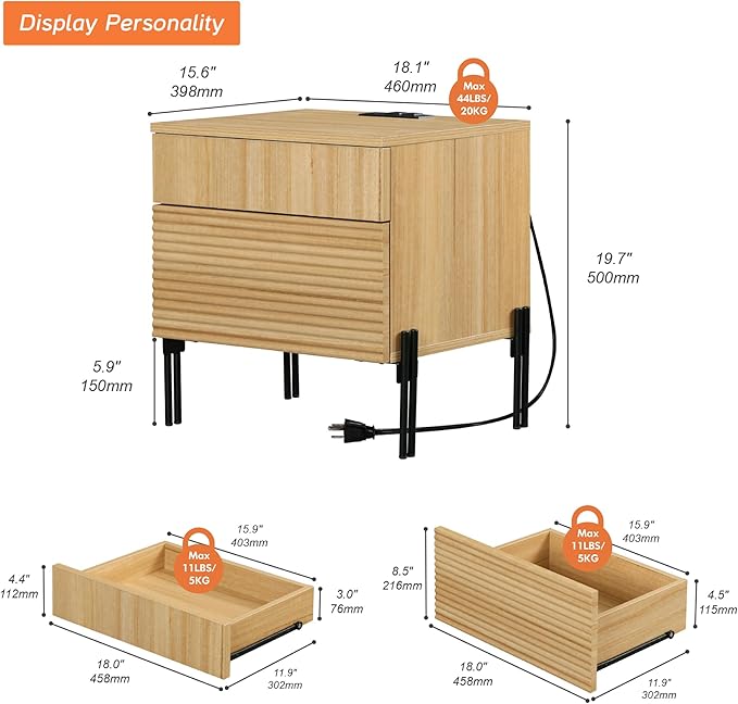 WAMPAT Fluted Nightstands Set of 2 with Charging Station,19.7" Tall Mid Century Modern Night Stands, Wood Side End Table with 2 Drawers, Wood Bedside Table with Metal Legs for Bedroom,Living Room, Oak