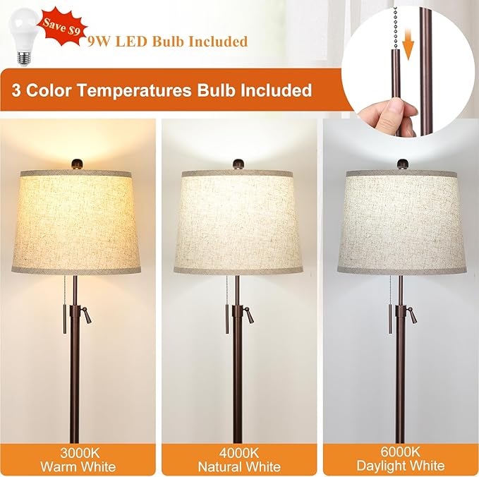 Modern Floor Lamp Adjustable Height Standing Lamp Tall Lamp with 3 Color Temperatures Floor Lamps for Living Room Bedroom Office Beige Shade Bulb Included-Brown