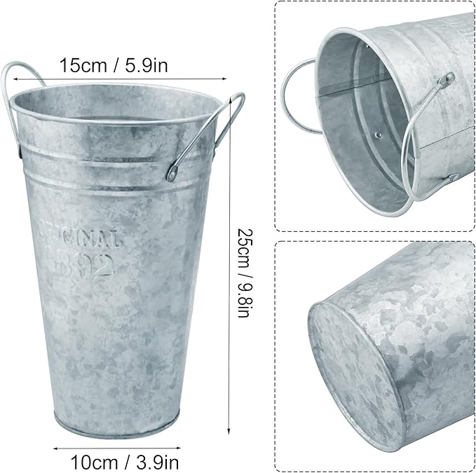 5 Packs 9.8 Inch, Galvanized Metal Vases with Handles, Rustic Tall Flower Buckets for Cut Flowers, Country Wedding, Table Centerpiece Decorations, Vintage Style Flower Containers