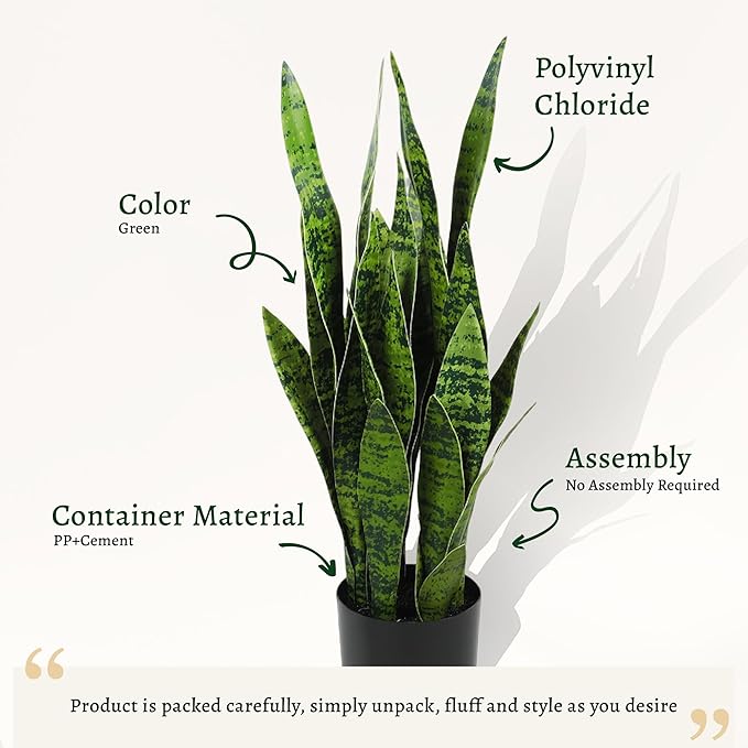 KOL 25.6’’ 2-Pack Artificial Snake Plant, Faux Sansevieria Indoor Plants, 32 Lifelike Leaves, Home Office Garden Room Decor Mother in Law Tongue, 2ft Fake Potted Houseplant, Green
