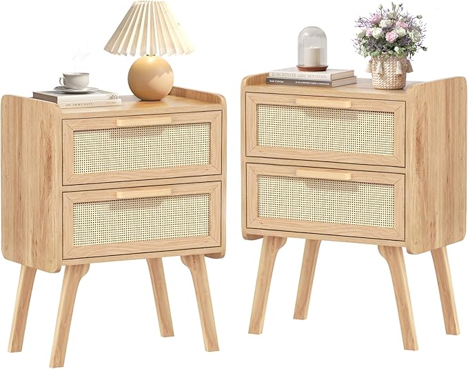 Lerliuo Rattan Nightstands Set of 2, Boho Night Stand with 2 Drawers, Cane Accent Side End Table, Bedside Table with Solid Wood Legs for Bedroom, Dorm and Small Spaces (Natural)