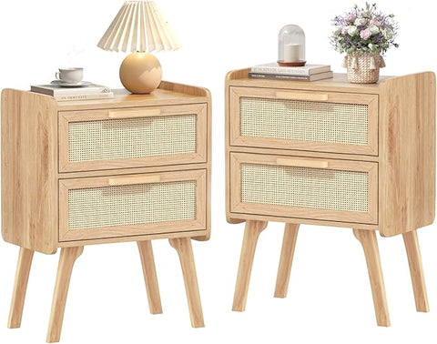 Lerliuo Rattan Nightstands Set of 2, Boho Night Stand with 2 Drawers, Cane Accent Side End Table, Bedside Table with Solid Wood Legs for Bedroom, Dorm and Small Spaces (Natural)