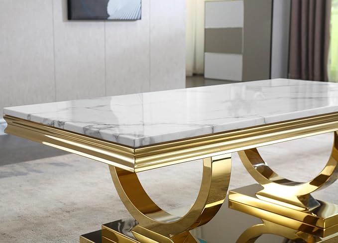 SSLine Rectangular Faux Marble Coffee Table for Living Room Modern Luxury White Marble Center Table with Gold Pedestal Base 46.8" Mid-Century Cocktail Table with Mirrored Stainless Steel Frame Legs