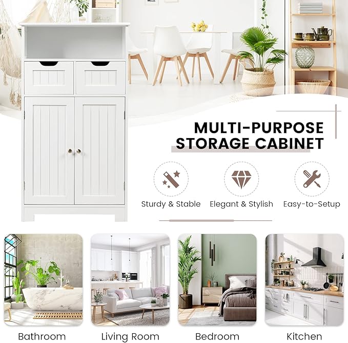 COSTWAY Bathroom Storage Cabinet, Freestanding Storage Organizer with 2 Drawers & Adjustable Shelf, Wooden Floor Cabinet for Living Room, Bedroom, Kitchen, Entryway (White)