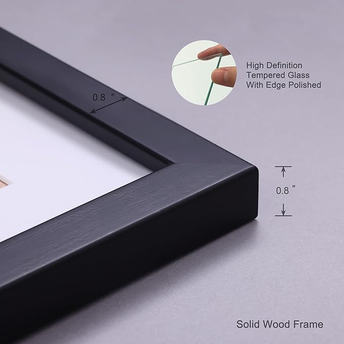 11x14 Picture Frame Set of 2 Made of Solid Wood Photo Frames with Real Glass for Pictures 8x10 with Mat or 11x14 Without Mat, Wall Mounting or Tabletop display Photo Frames in Black