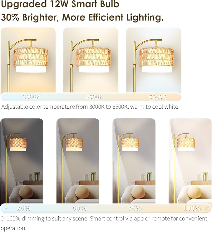 Bohemian Rattan Floor Lamp for Living Room - Golden Arc Design, 12W LED (1 in use + 1 Spare), Remote & Dimmable 3 - Color Temp, Tall Standing Lamp