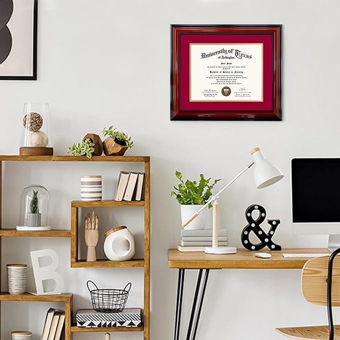 11x14 Diploma Degree Frame with Red Mat or Display 15x18 Certificates without Mat,Solid Wood,Cherry Finish with Intricate Black Rope Detail,UV Protection Acrylic