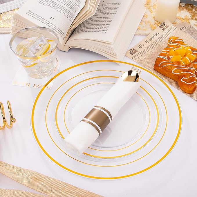 DaYammi 350PCS Clear Gold Plastic Dinnerware Set for 50 Guests, Fancy Disposable Plates for Party, Include: 50 Dinner Plates, 50 Dessert Plates, 50 Pre Rolled Napkins with Gold Silverware, 50 Cups