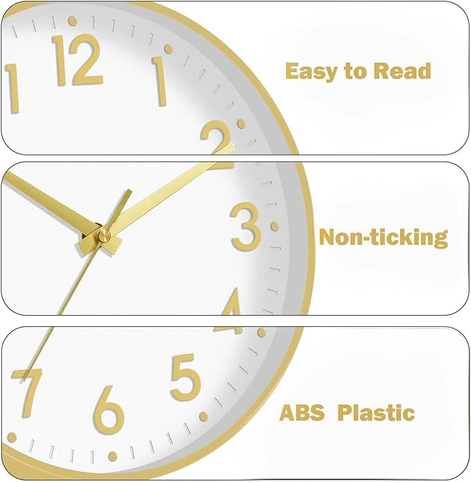 Mosewa Wall Clock 8 Inch, Battery Operated Silent Non-Ticking Modern Analog Clock Decorative for Kitchen, Bedroom, Office, Living Room(White Gold)