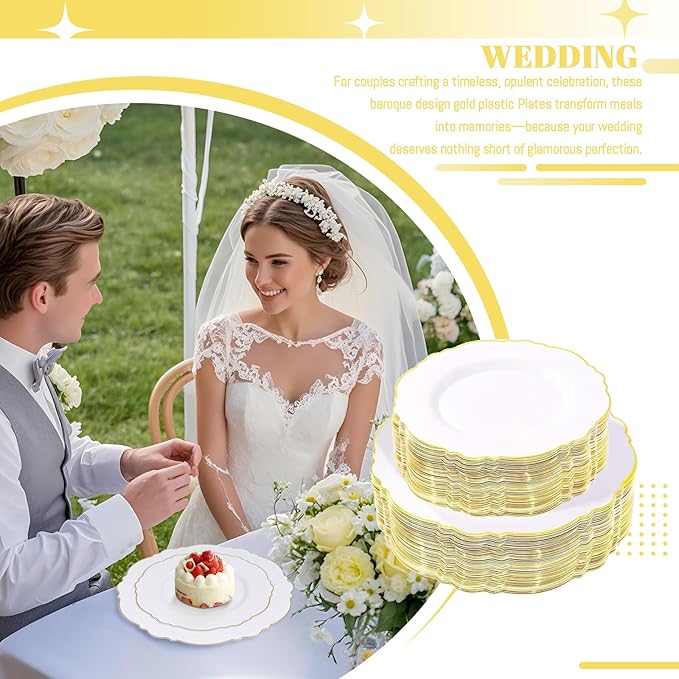 WDF 100pcs Gold Plastic Plates - High-end Baroque Design - Heavy Duty White &Gold Wedding Plates Set Ideal for Weddings/Party/Bridal Shower