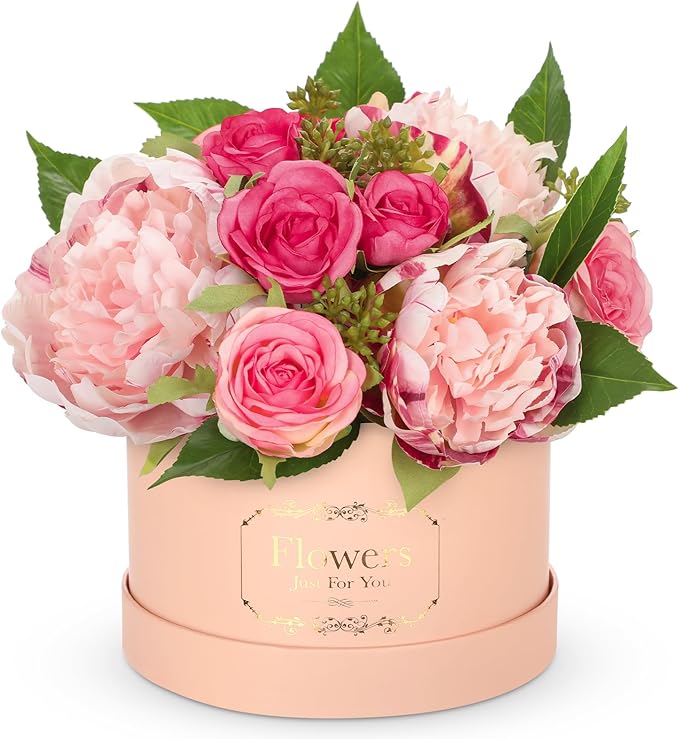 Hollyone Pink Peonies Roses Artificial Flowers in Vase Round Gift Boxes with Fake Flowers Arrangements Faux Flowers Floral in Box Vase for Her Mothers' Day Valentine's Day Christmas Birthday Gift